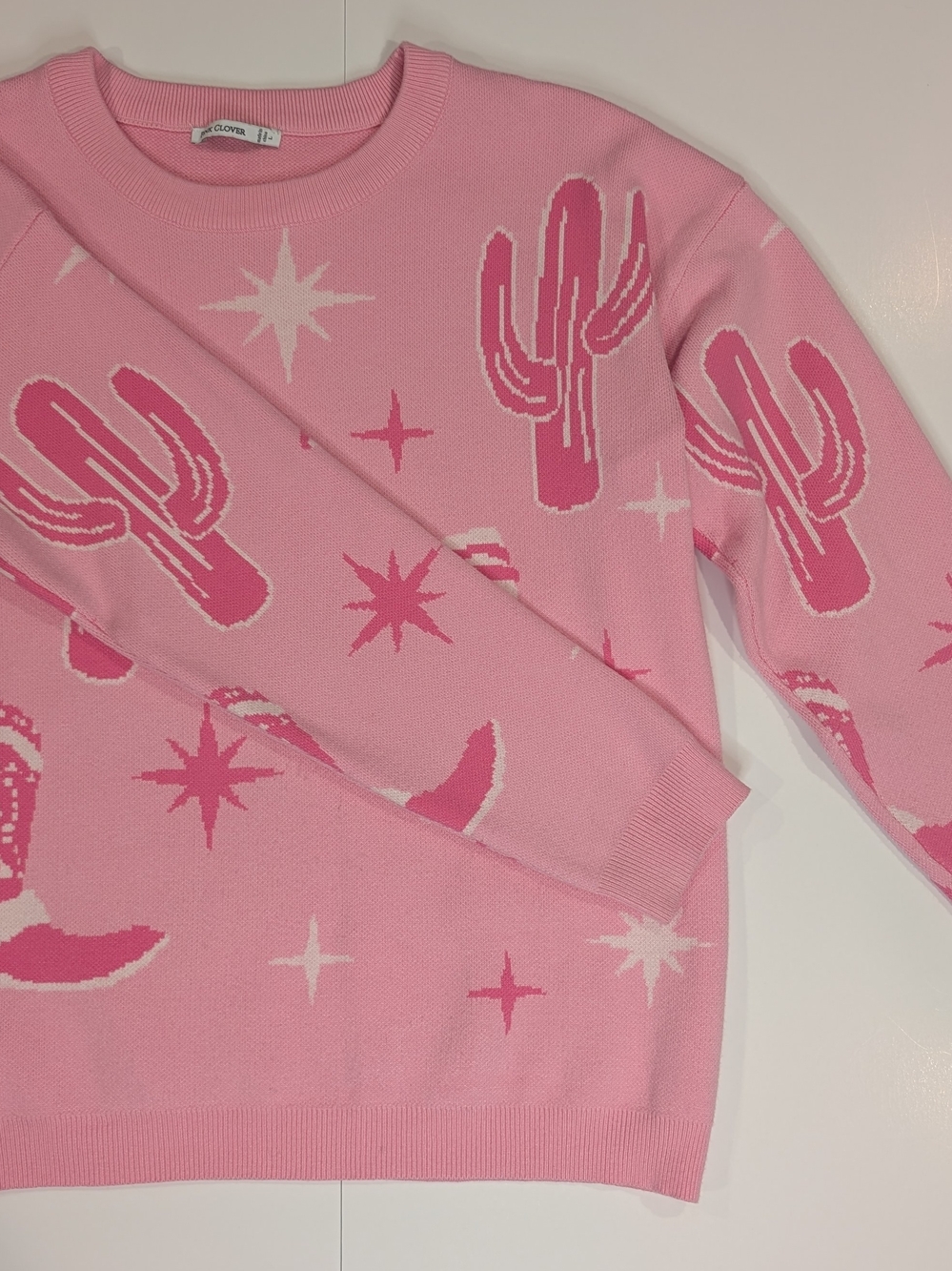 Pink Clover Western Sweater Women Size L Pink Cactus Cowboy Boot Graphic Knit - Picture 2 of 6